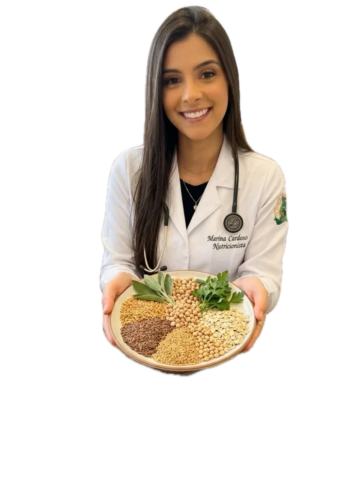 Marina Cardoso, nutricionista, com o prato de alimentos hormonais